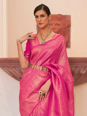 Attractive Pink Zari Weaving Silk Function Wear Saree With Blouse