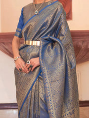 Gorgeous Blue Zari Weaving Silk Traditional Saree With Blouse