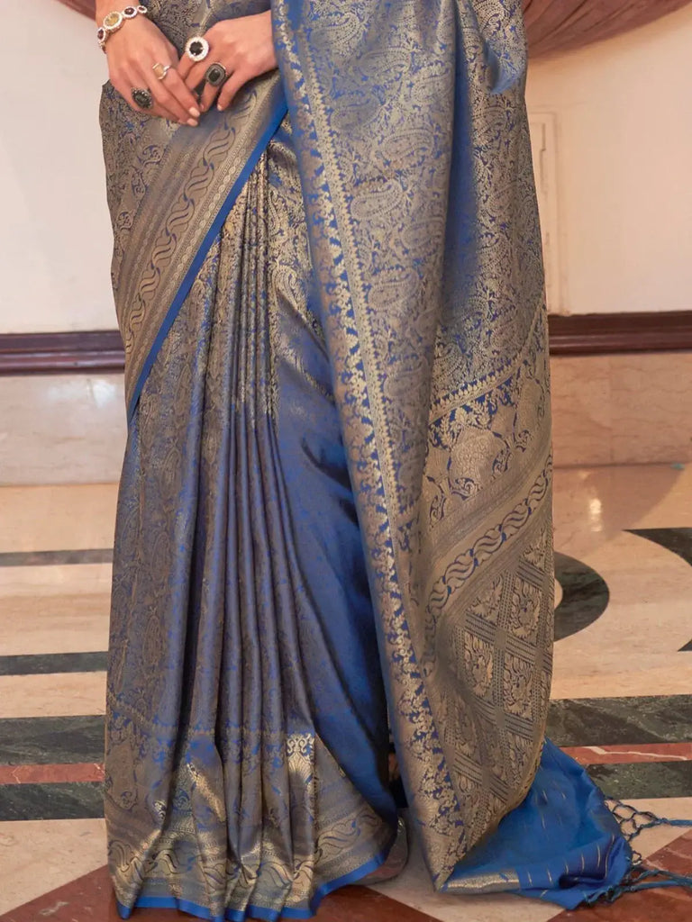 Gorgeous Blue Zari Weaving Silk Traditional Saree With Blouse