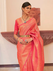 Enchanting Pink Zari Weaving Silk Event Wear Saree With Blouse