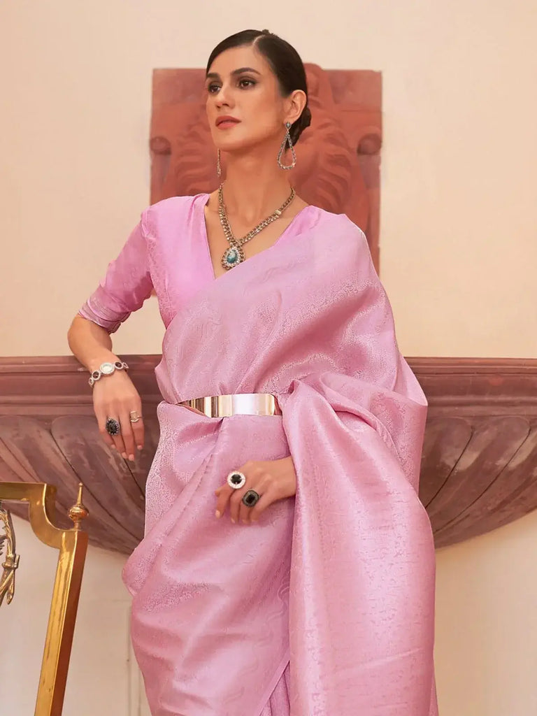 Bewitching Baby Pink Zari Weaving Silk Event Wear Saree With Blouse