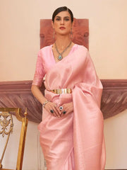 Stunning Peach Zari Weaving Silk Function Wear Saree With Blouse