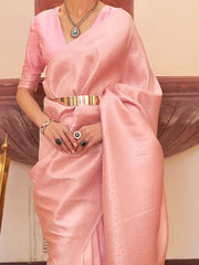 Stunning Peach Zari Weaving Silk Function Wear Saree With Blouse