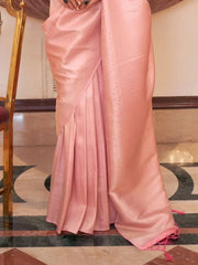 Stunning Peach Zari Weaving Silk Function Wear Saree With Blouse