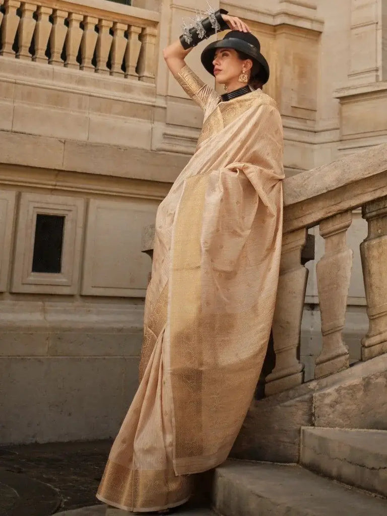 Ravishing Cream Zari Weaving Silk Festival Wear Saree With Blouse