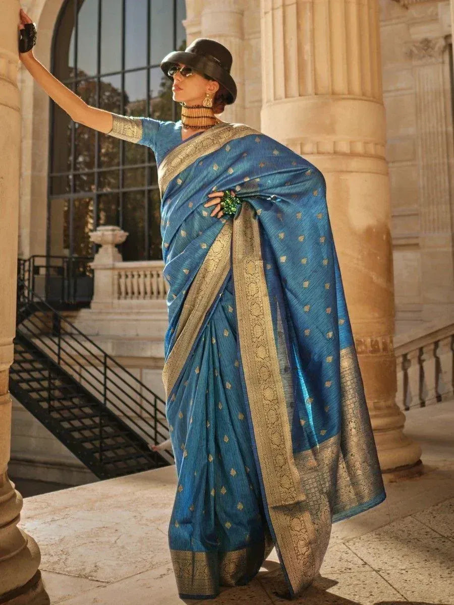 Blue designer saree with gold border, ethnic wear for women, stylish Indian saree