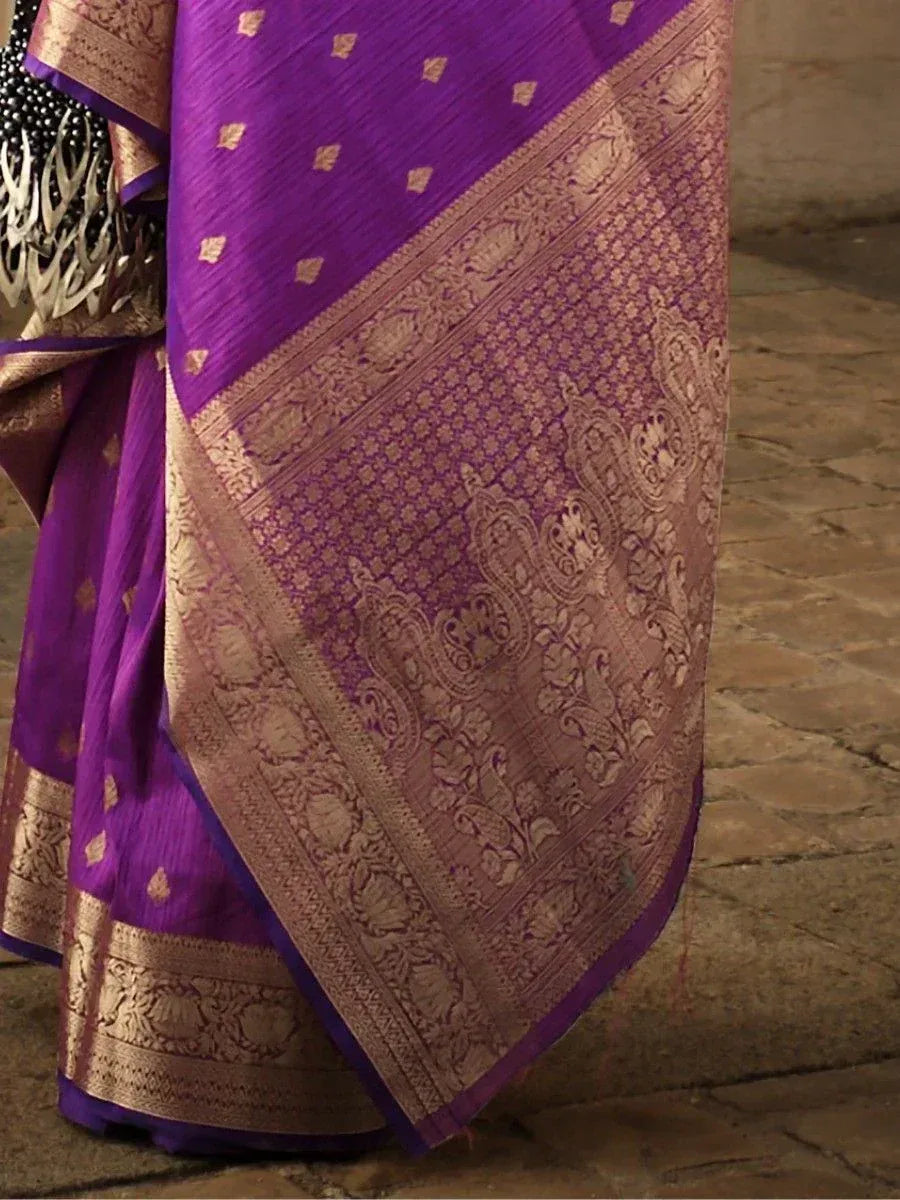 Purple silk saree with gold zari border and floral motifs, ethnic Indian wear
