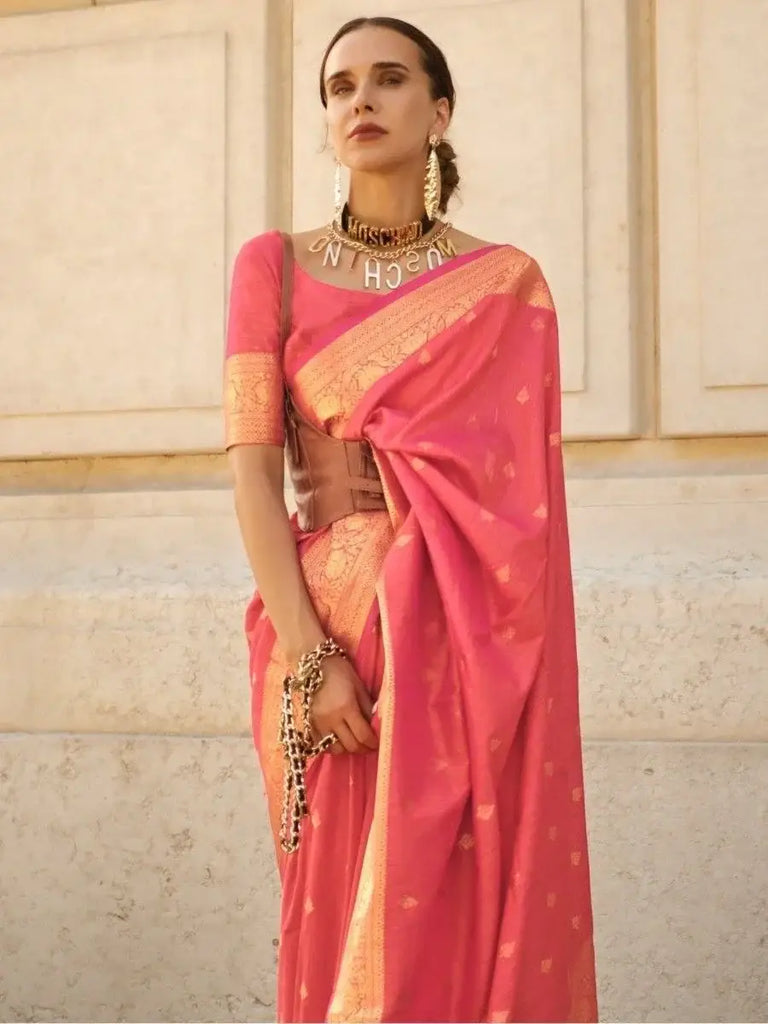 Lovely Coral Red Zari Weaving Silk Festival Wear Saree With Blouse