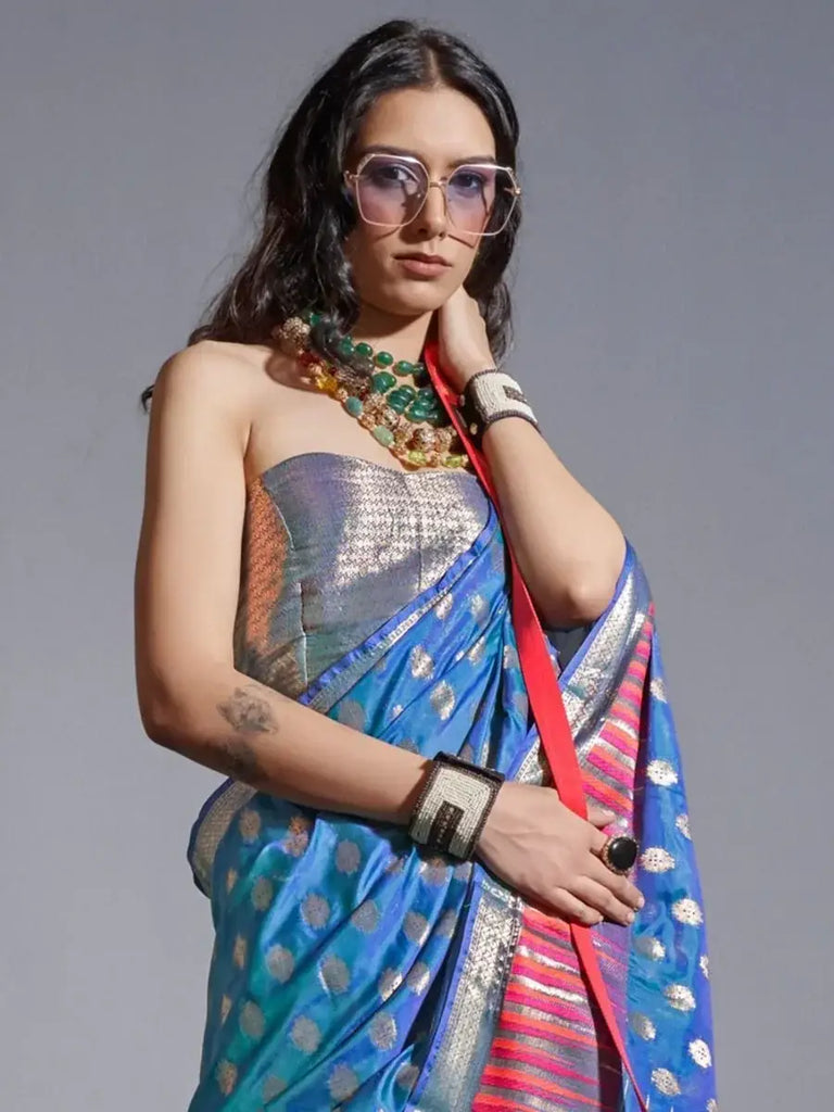 Marvelous Blue Zari Weaving Silk Function Wear Saree With Blouse