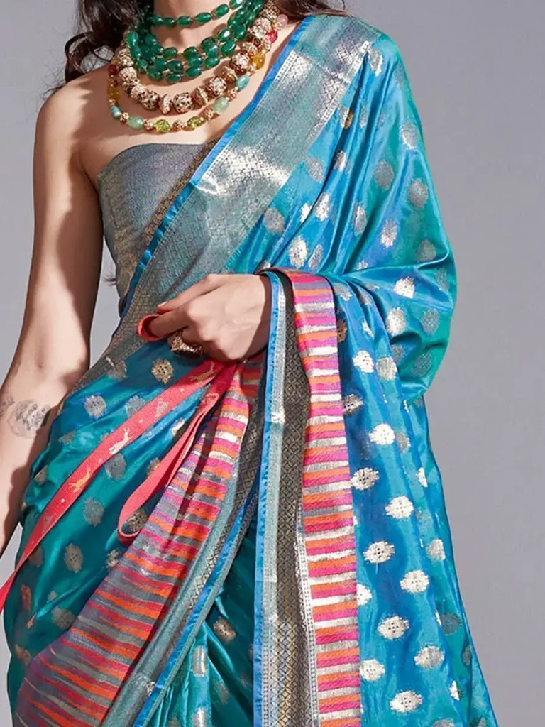 Incredible Sky-Blue Zari Weaving Silk Festival Wear Saree With Blouse