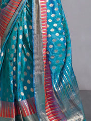 Incredible Sky-Blue Zari Weaving Silk Festival Wear Saree With Blouse