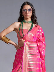Captivating Pink Zari Weaving Silk Function Wear Saree With Blouse
