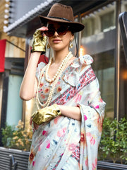 Charming Light Grey Floral Printed Satin Festival Wear Saree With Blouse