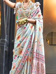 Charming Light Grey Floral Printed Satin Festival Wear Saree With Blouse