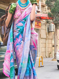 Attractive Multi-Color Floral Printed Satin Event Wear Saree With Blouse