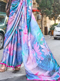 Attractive Multi-Color Floral Printed Satin Event Wear Saree With Blouse