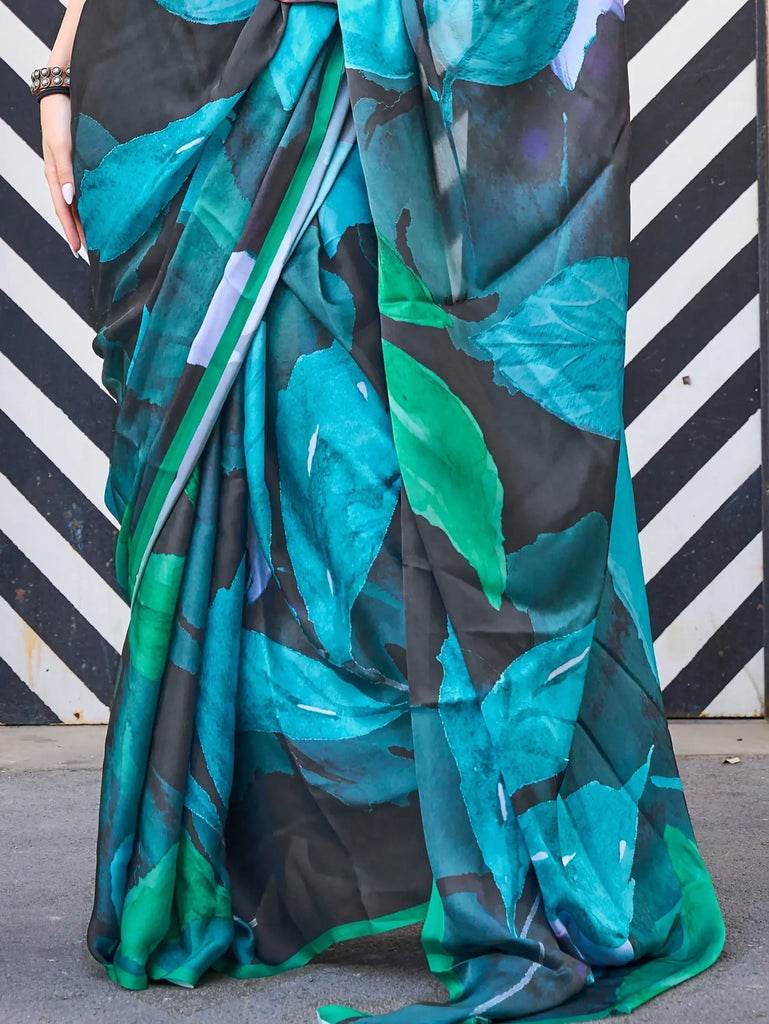 Stunning Black Digital Printed Satin Party Wear Saree With Blouse