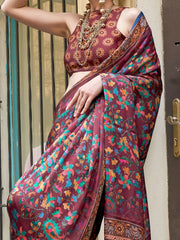 Incredible Maroon Digital Printed Satin Festival Wear Saree With Blouse
