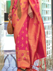Incredible Pink Zari Weaving Silk Function Wear Saree With Blouse