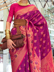 Amazing Dark Purple Zari Weaving Silk Function Wear Saree With Blouse