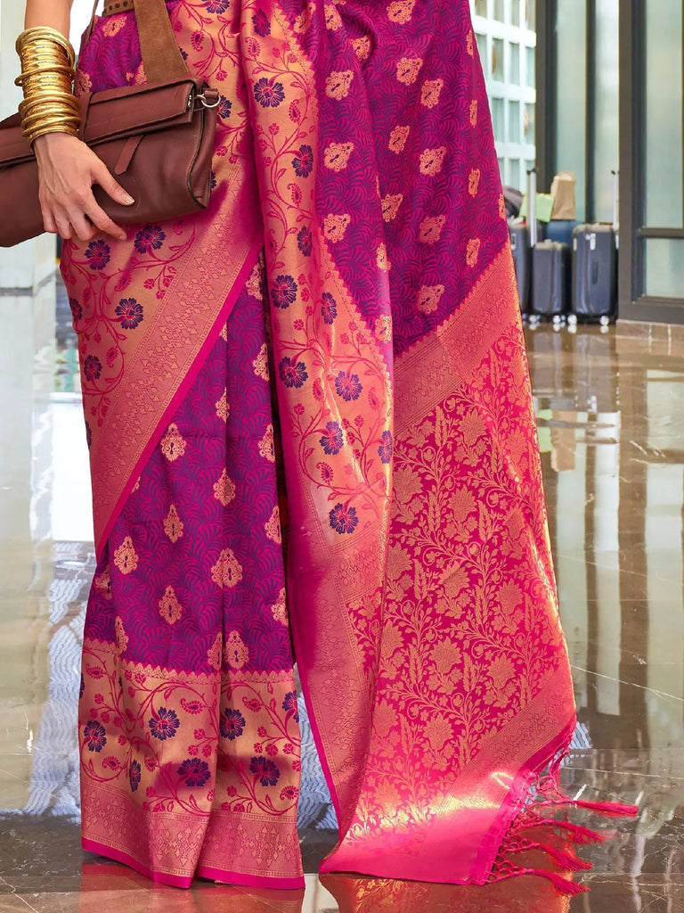 Amazing Dark Purple Zari Weaving Silk Function Wear Saree With Blouse