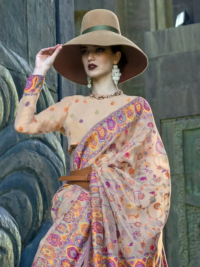Attractive Cream Weaving Organza Event Wear Saree With Blouse