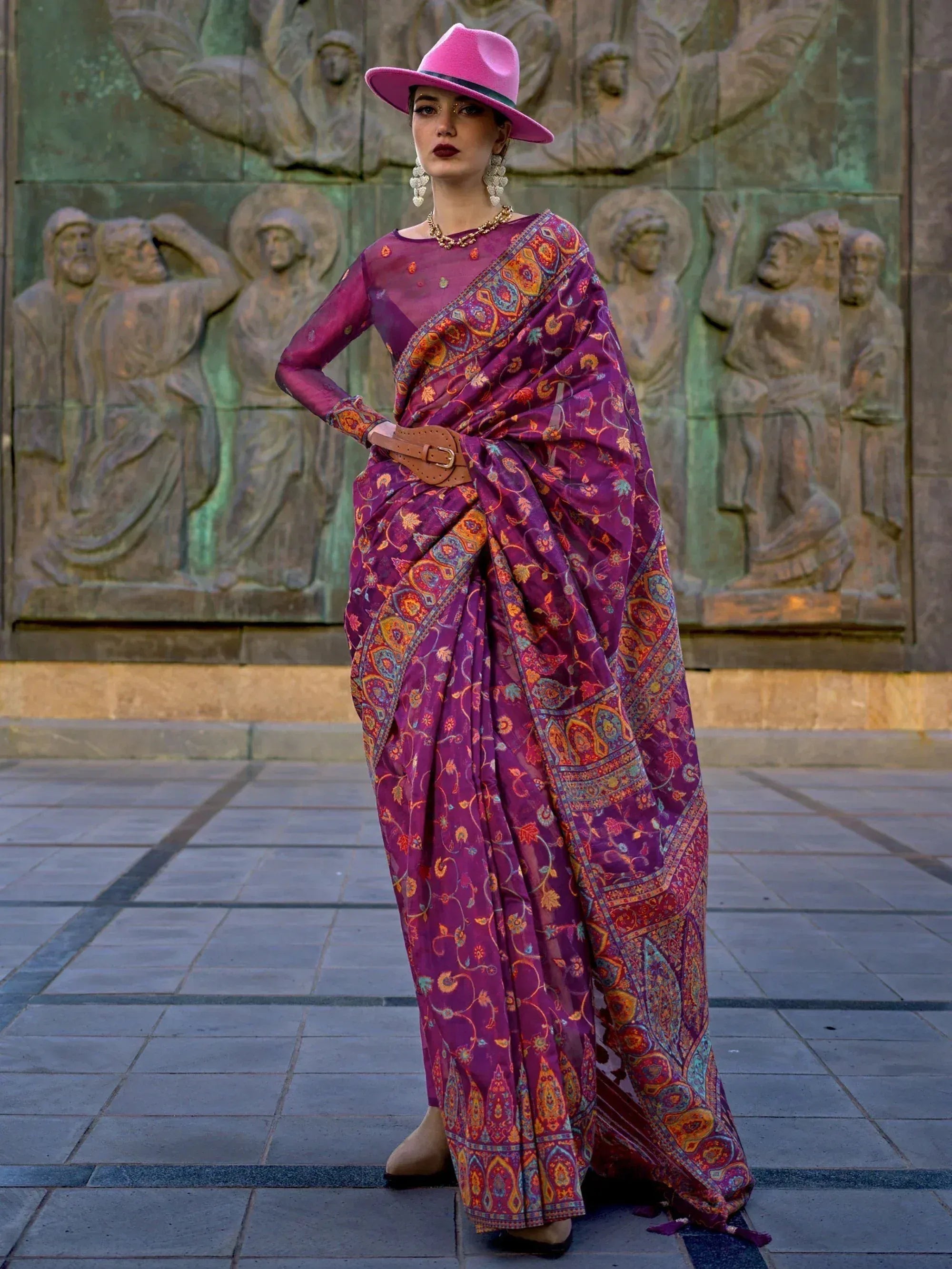 Purple printed saree with belt, pink hat, ethnic wear for women