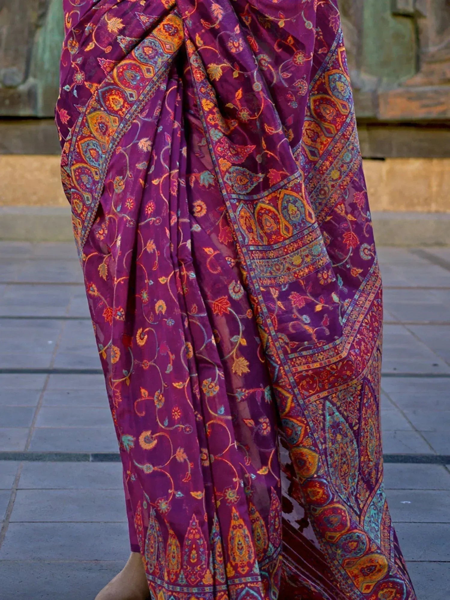 Purple floral paisley saree with intricate border, ethnic Indian wear