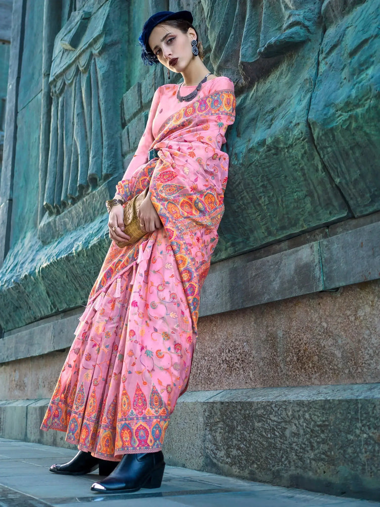 Bewitching Baby Pink Weaving Organza Event Wear Saree With Blouse
