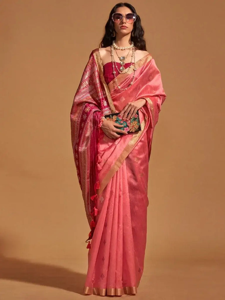 Beautiful Peach Zari Weaving Silk Function Wear Saree With Blouse