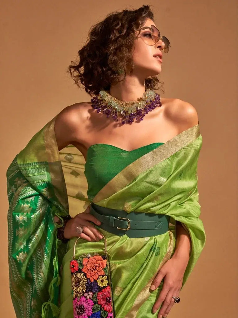 Precious Green Zari Weaving Silk Mehendi Wear Saree With Blouse