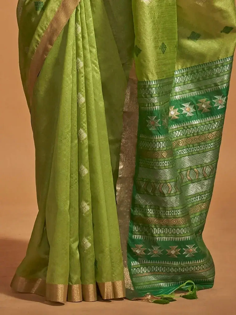 Precious Green Zari Weaving Silk Mehendi Wear Saree With Blouse