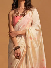 Adorable Cream Zari Weaving Silk Festival Wear Saree With Blouse