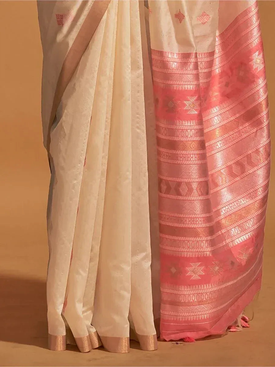 Cream and pink ethnic saree with woven geometric border, perfect for Indian occasions
