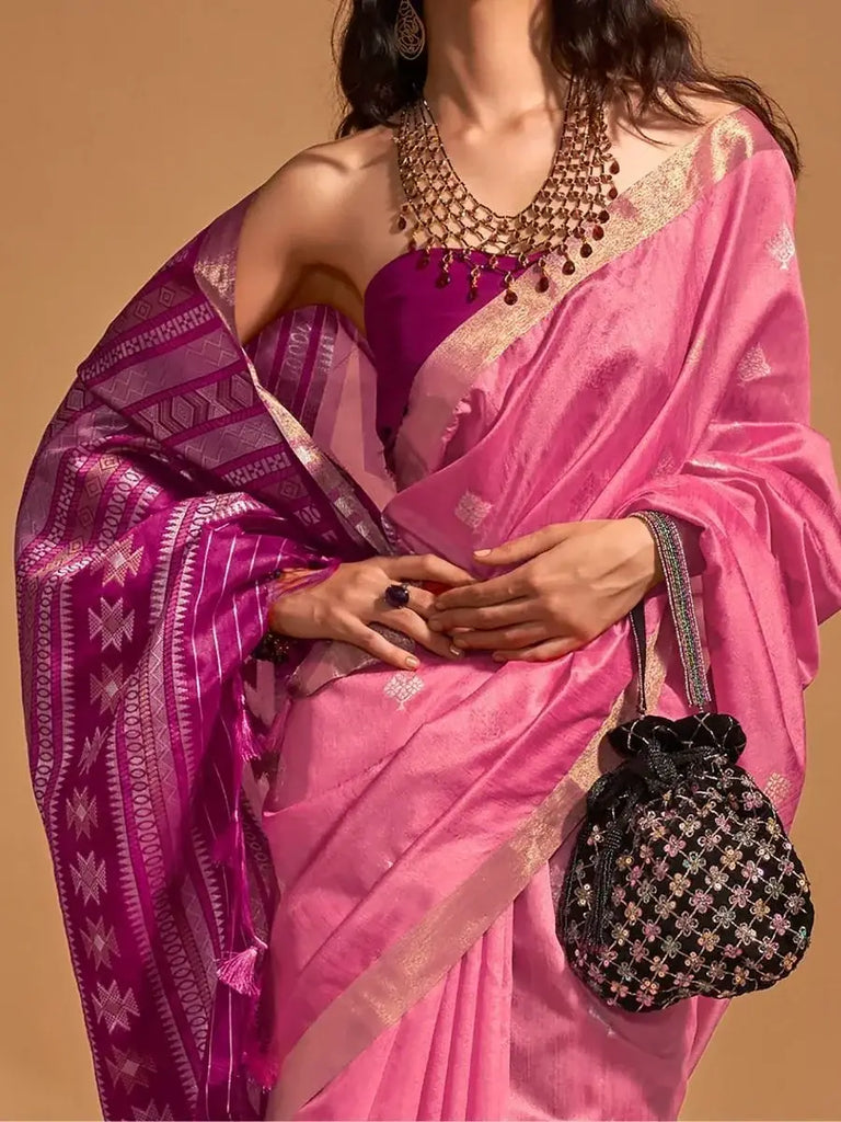 Precious Pink Zari Weaving Silk Reception Wear Saree With Blouse