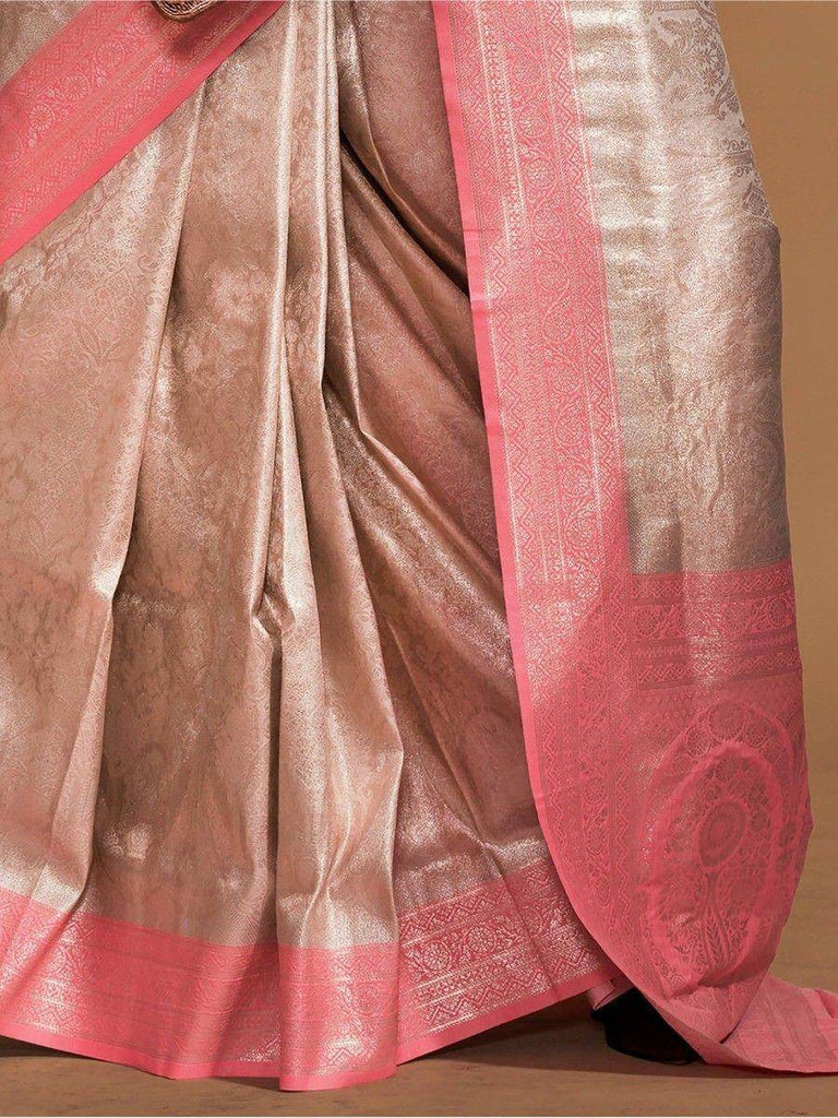 Charming Cream & Peach Zari Woven Silk Traditional Saree With Blouse