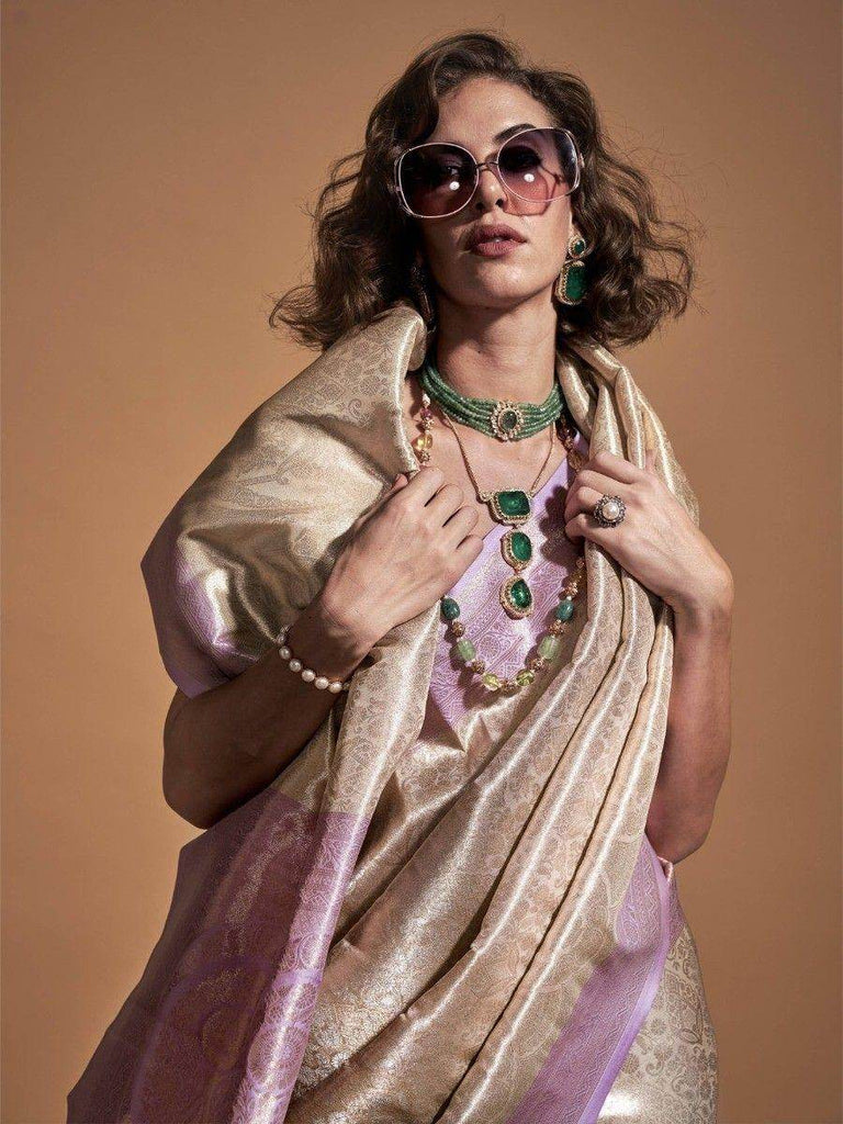 Incredible Silver & Lilac Zari Weaving Silk Event Wear Saree With Blouse