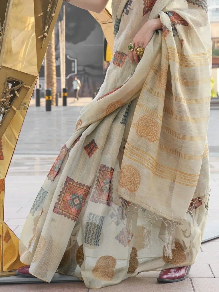 Bewitching Off-White Digital Printed Tissue Silk Traditional Saree