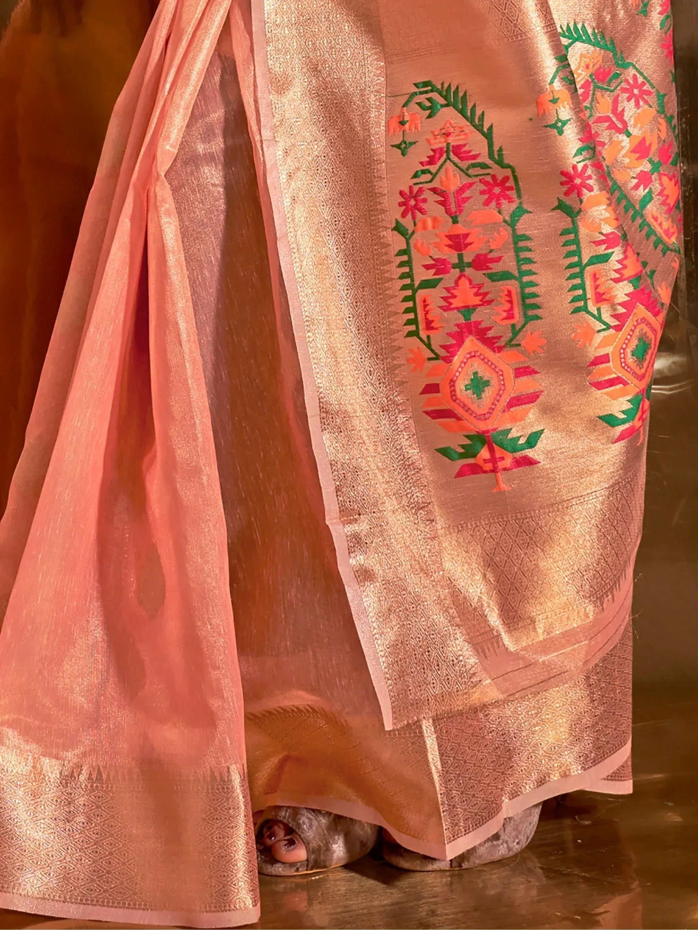 Peach designer saree with floral embroidery and gold border, Indian ethnic wear