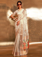 Attractive Off-White Zari Weaving Silk Function Wear Saree With Blouse