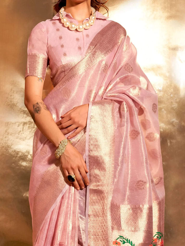 Glamorous Pink Zari Woven Silk Wedding Wear Saree With Blouse