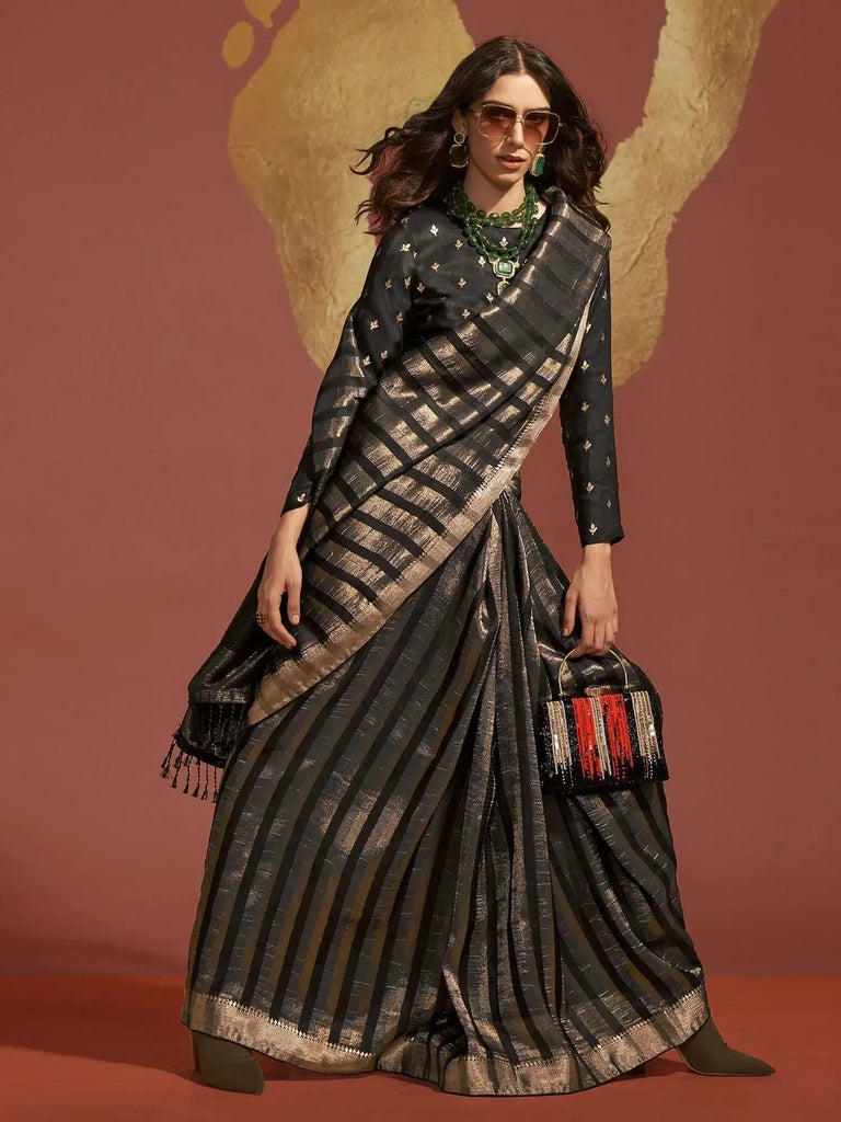 Lovely Black Zari Weaving Viscose Reception Wear Saree With Blouse