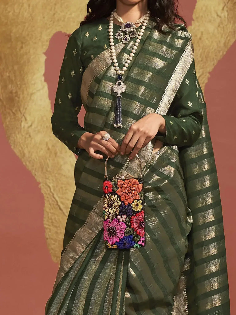 Gorgeous Green Zari Weaving Viscose Mehendi Wear Saree With Blouse