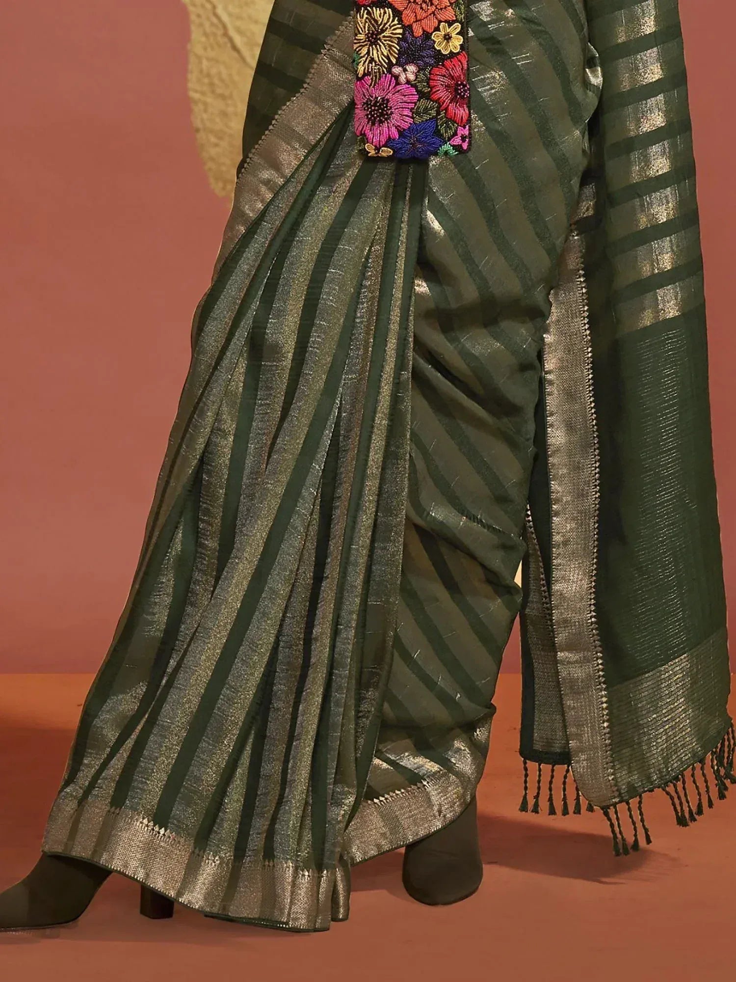 Green striped saree with floral embroidery and gold border, ethnic Indian wear