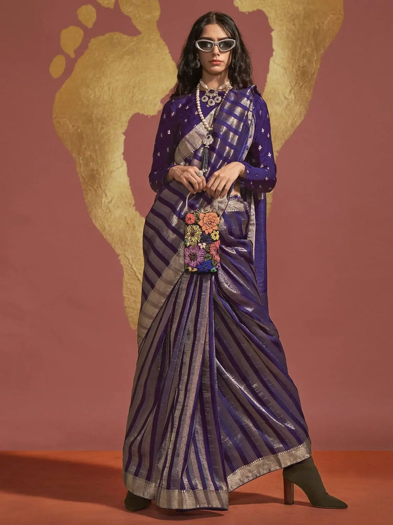 Astonishing Purple Zari Weaving Viscose Traditional Saree With Blouse