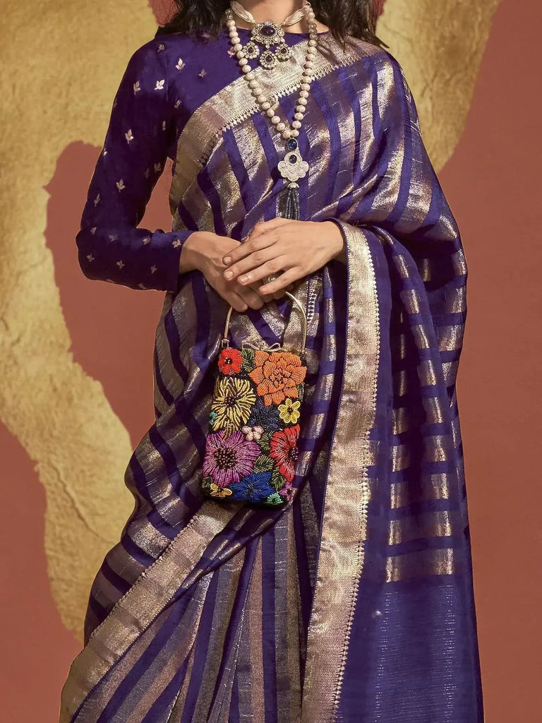 Astonishing Purple Zari Weaving Viscose Traditional Saree With Blouse