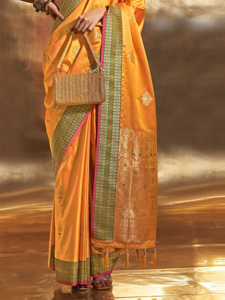 Bewitching Yellow Zari Weaving Satin Haldi Wear Saree With Blouse