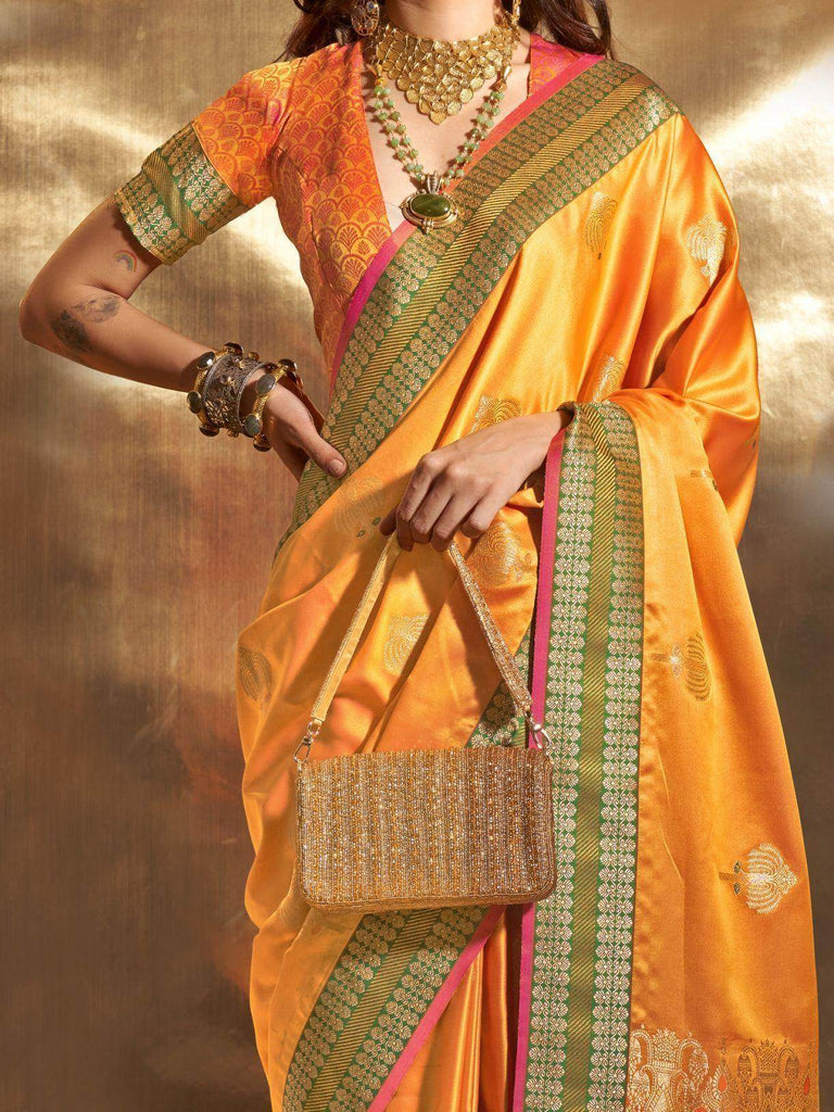 Bewitching Yellow Zari Weaving Satin Haldi Wear Saree With Blouse