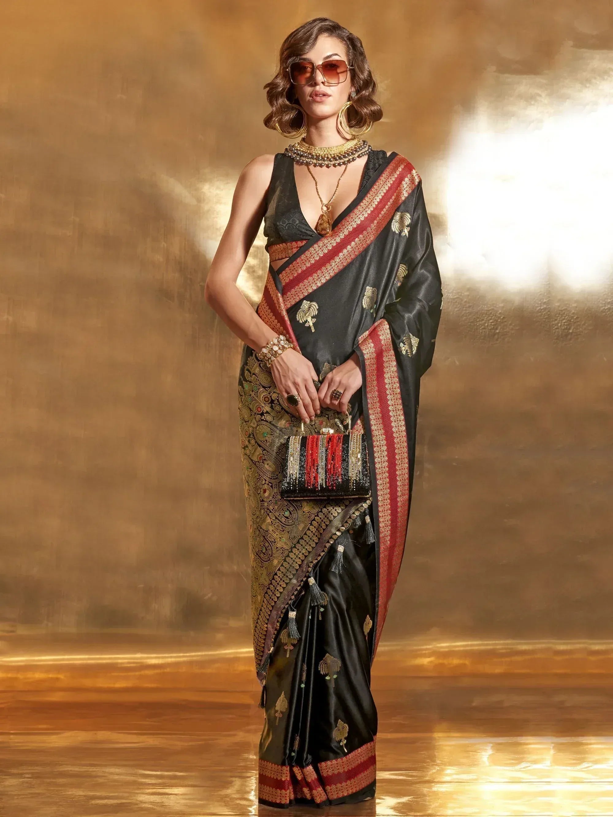 Black and gold designer saree with red border, ethnic wear for women, stylish Indian fashion