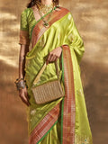 Amazing Green Zari Weaving Satin Traditional Saree With Blouse